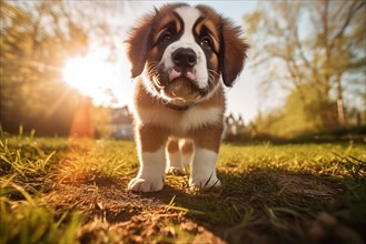 A curious cute Saint Bernard puppy with expressive eyes and floppy ears, exploring the outdoors on