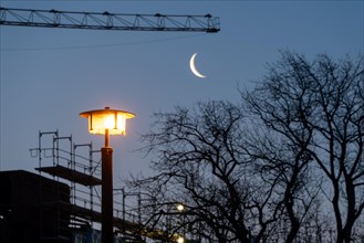 Street lamp, behind it construction crane and crescent of the moon, Magdeburg, Saxony-Anhalt,