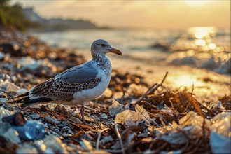 A seagull (Larinae) stands on a beach littered with rubbish at sunset overlooking the sea, AI
