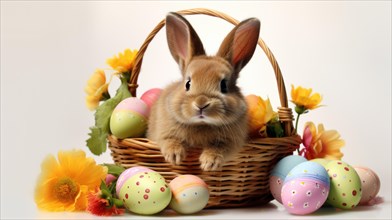 A cheerful rabbit in a basket with Easter eggs and bright yellow spring flowers AI generated
