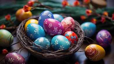 A nest filled with colorful painted Easter eggs adorned with floral designs, symbolizing spring