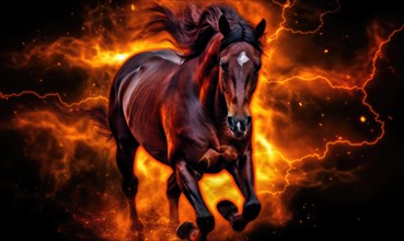 Horse in the fire with lightning on a black background AI generated