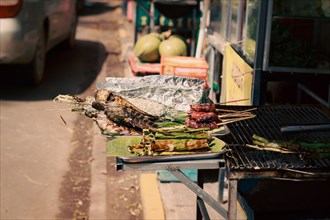 Street food scene with skewers of grilled meat over a charcoal barbecue