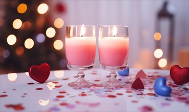 Candles casting a warm glow accompanied by small heart decorations AI generated
