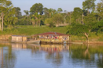 Wooden house and boat in the flooded forest along the Madeira River at sunset, Amazonas state,