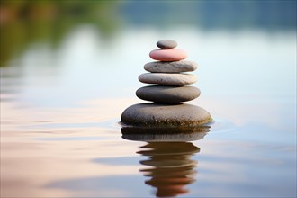 Stack of zen stones on water with a nature background. The image conveys a sense of balance,
