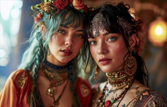 Two woman in boho style with flowery headdresses and colourful robes look intensely into the