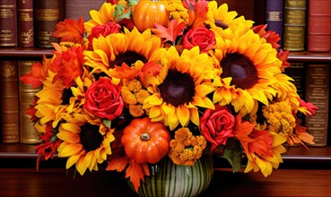 A vibrant autumnal bouquet with sunflowers and roses in a decorative vase AI generated