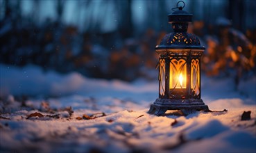 Lantern in the snow at night. Winter landscape with lantern AI generated