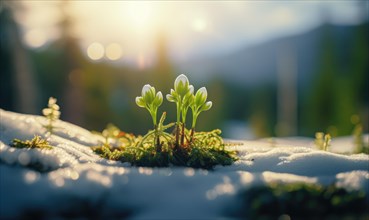 Fresh plants emerging through snow with sunlight and mountains in the background AI generated