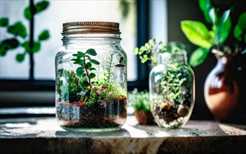Bottle garden, mini biotope, eco system in a jar on a windowsill in a city flat, AI generated,