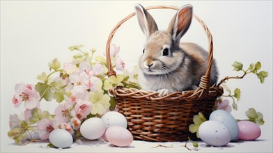 A rabbit sits inside a wicker basket surrounded by pastel Easter eggs and flowers AI generated