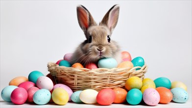 A bunny nestled among multicolored pastel Easter eggs in a basket, conveying a cheerful festive