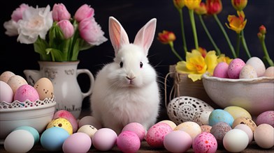 Easter bunny with eggs and tulips on a dark background AI generated