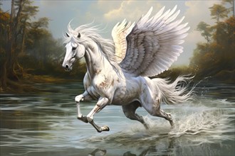 Legendary Pegasus winged horse of the Greek Mythology running through water with open wings, AI