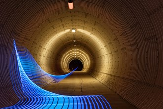 Light installation with blue lines in a tunnel, photographed with long exposure, Pforzheim,