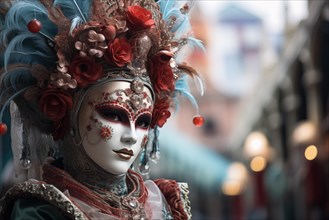 A person adorned in a richly detailed and colorful carnival costume, complete with an elaborate