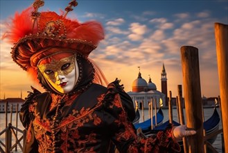 A person adorned in a traditional Venetian carnival mask and costume, with the iconic architecture
