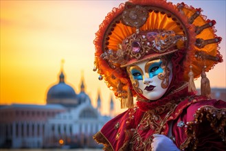 A person adorned in a traditional Venetian carnival mask and costume, with the iconic architecture