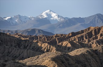 Canyons, mountains of the Tian Shan in the background, eroded hills, badlands, Valley of the