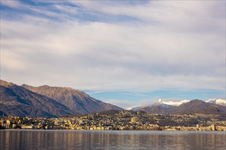 City of Lugano and Lake Lugano with Mountain in a Sunny Day in Ticino, Switzerland, Europe