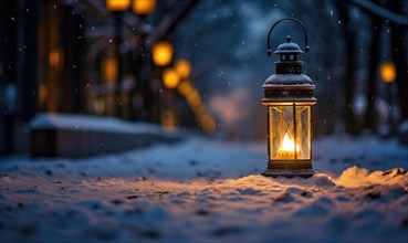 Lantern in snowy forest at night. Christmas and New Year concept AI generated