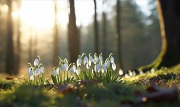 Sunlight warms a group of snowdrops peeking through the leaf litter AI generated