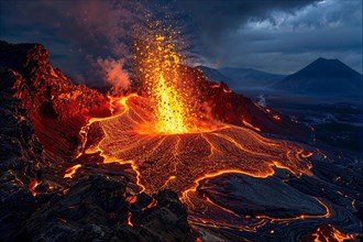 An active volcano erupting, surrounded by glowing lava at dusk, AI generated, AI generated