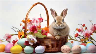Colorful Easter eggs and spring flowers surrounding a rabbit in a basket AI generated