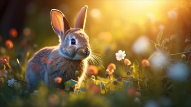 Cute little rabbit on a meadow with dandelions at sunset AI generated
