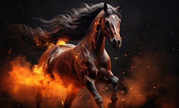 Beautiful bay stallion with long mane in fire on black background AI generated