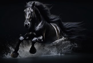 Beautiful black horse running gallop in water on black background AI generated