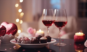 An intimate setting with wine glasses, sweets, and heart-themed decor AI generated