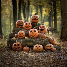 Halloween pumpkins on a tree trunk in an autumnal forest, pumpkins with personality, AI-Generated &
