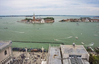 Aerial view from the Bell Tower (Campanile di San Marco) with Piazza San Marco, gondolas and the