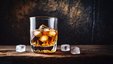 Whiskey with rocks or ice cubes in a glass with ice in a dark wooden background. AI Generated, AI