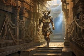 Mythical Minotaur running the Cnossos Palace corridor, AI Generated, AI generated
