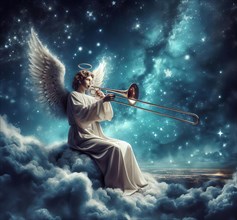 An angel sits on a cloud and plays the trombone, kitsch, AI generated, AI generated