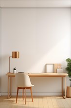 A bright and airy minimalist workspace featuring a wooden desk, elegant chair, and modern lamp