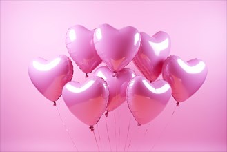 Bunch of glossy pink heart-shaped balloons against a soft pink background, perfect for Valentine's