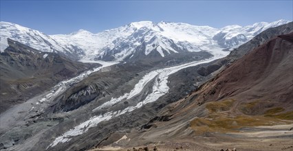 High mountain landscape with glacier moraines and glacier tongues, glaciated and snow-covered