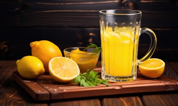 A refreshing glass of homemade lemonade with lemons and honey on a wooden tray AI generated