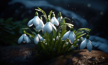 Snowdrops illuminated at night on a rock, creating a mystical atmosphere AI generated