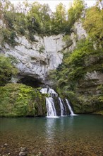 Spring and waterfall, Source du Lison, Source des Lison, Nans-sous-Sainte-Anne, Departement Doubs,