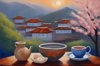 Painting capturing two cups of tea on a table on a terrace face beautiful landscape, japanese