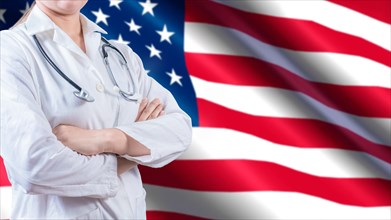 Unrecognizable female doctor with arms crossed on American flag, Health and care with the flag of