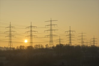 Power pylons, overhead lines, energy supply, sunrise, sun, vineyard, field, Baden-Wuerttemberg,