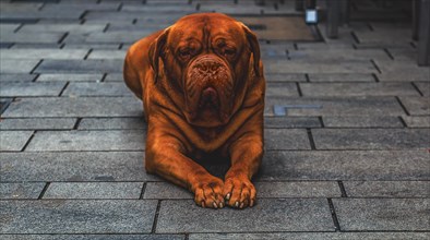 A calmly sitting Bordeaux Mastiff on a cobbled street with a serious expression on his face,