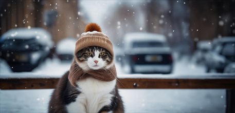 Cat in winter warm clothes in the winter on Snowy Street in the cold. The concept of warm clothes