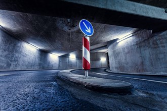 One-way street sign in a well-lit tunnel, Pforzheim, Germany, Europe